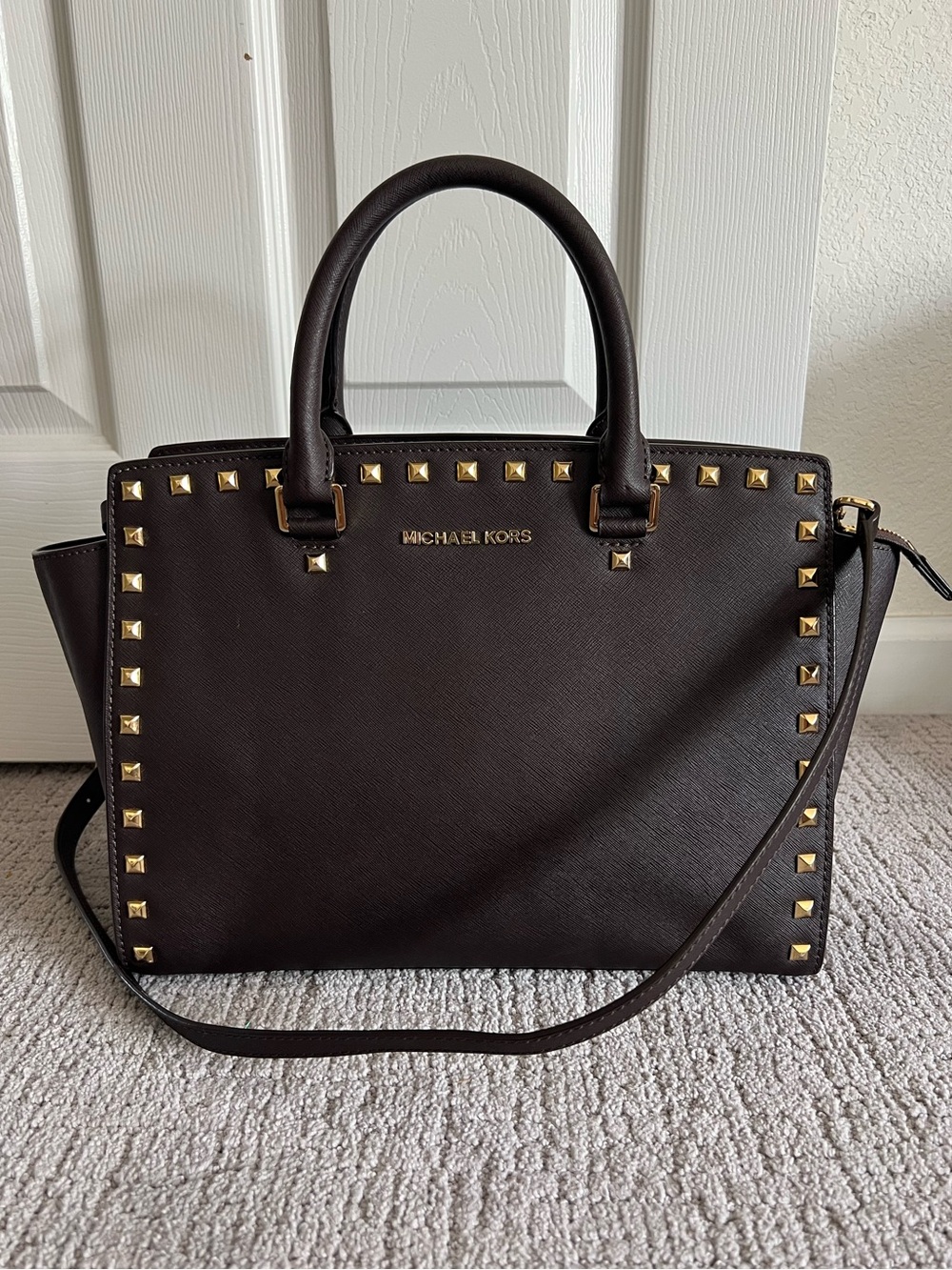 Michael Kors Dark Brown Saffiano Studded Tote with Gold Hardware